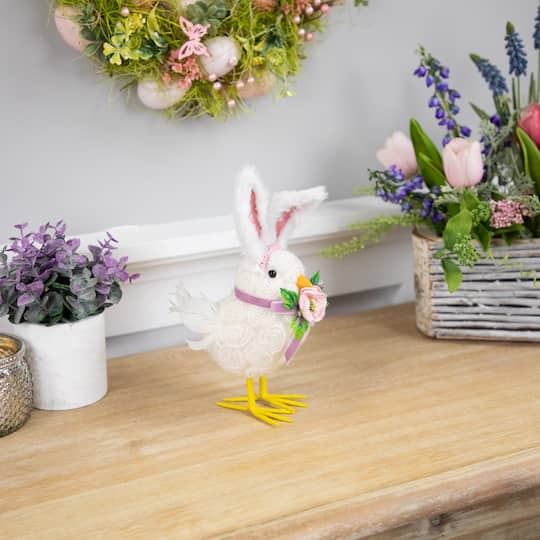 8.75" Floral Easter Chick Accent with Polka Dot Faux Fur Rabbit Ears